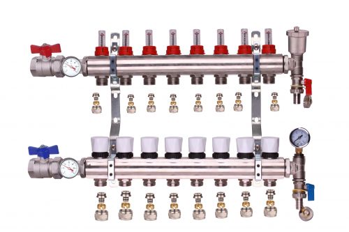 Grundfos 'A' Rated Pump 8 Ports, 12mm eurocon connectors Brass Underfloor Heating Complete Manifold Kit